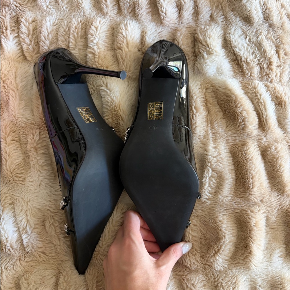 Jeffrey Campbell Black Patent Heels with Chain Detail - Picture 3 of 5